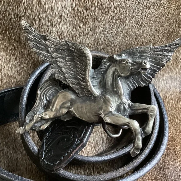 Vintage Bergamot Brass Works Pegasus Belt Buckle Tooled Black Leather Belt
